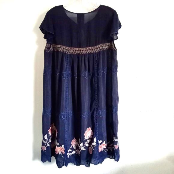 JOHNNY WAS Embroidered Dress Blue Bouquet Floral SZ M Peasant Flutter Empire - Picture 2 of 10